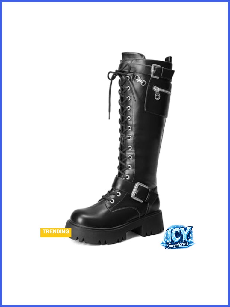 Lace Up Platform Knee High Combat Boots With Inside Zipper